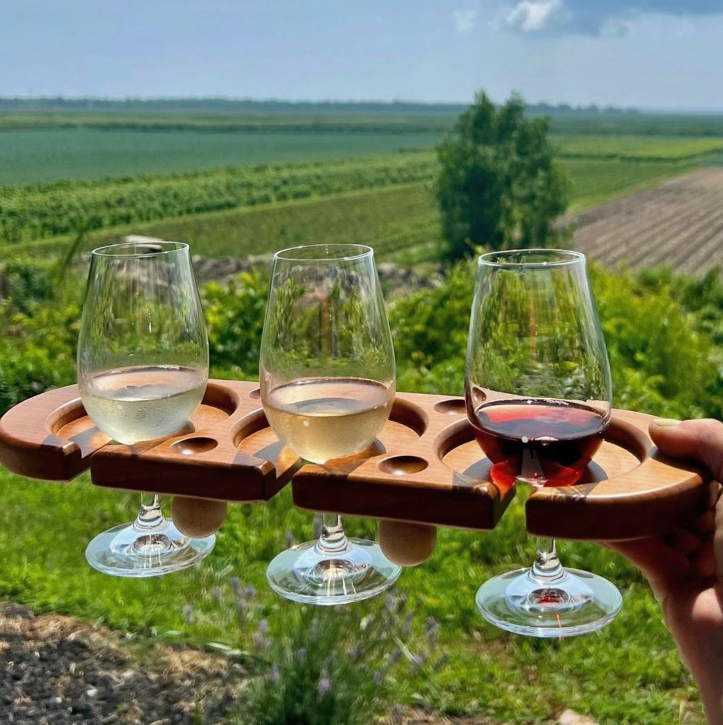 Three-glass wooden wine flight tray held over a vineyard, with white and red wine